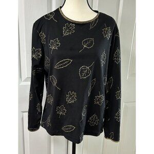 Blair Black & Gold Glitter Leaf Design Long Sleeve Blouse size Large Vintage B40